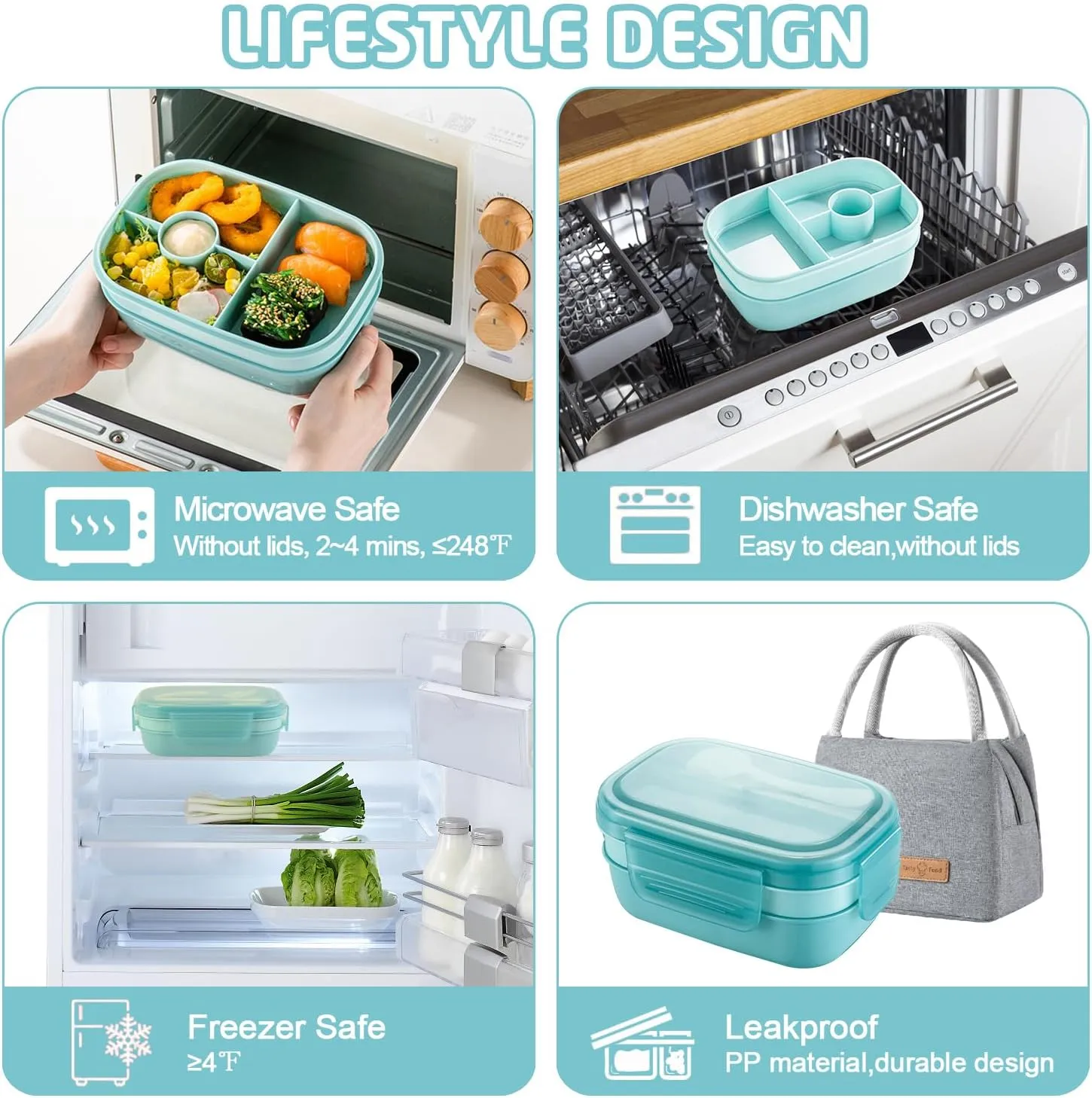 Bento Box Adults Lunch Box, Bento Lunch Box for Adults Kids Men Women Boys Girls School, Leak-proof Lunch Containers with Lunch Bag, Cup, Spoon, Forks, Dishcloth