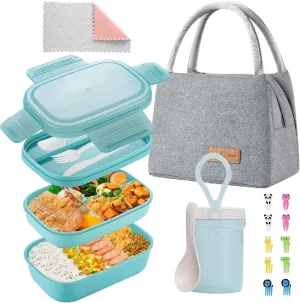 Bento Box Adults Lunch Box, Bento Lunch Box for Adults Kids Men Women Boys Girls School, Leak-proof Lunch Containers with Lunch Bag, Cup, Spoon, Forks, Dishcloth