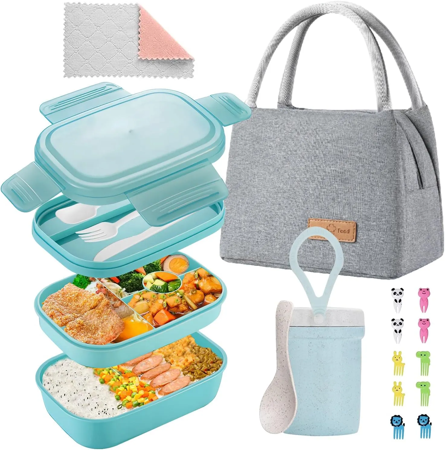 Bento Box Adults Lunch Box, Bento Lunch Box for Adults Kids Men Women Boys Girls School, Leak-proof Lunch Containers with Lunch Bag, Cup, Spoon, Forks, Dishcloth
