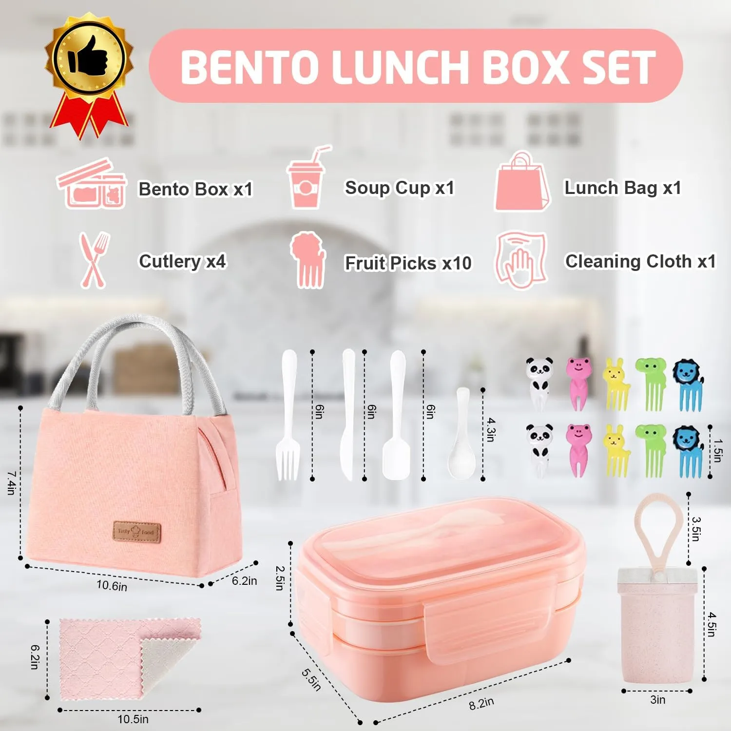 Bento Box Adults Lunch Box for Kids Adults Men Women Boys Girls School, Leak-proof Lunch Containers with Lunch Bag, Cup, Spoon, Forks, Dishcloth