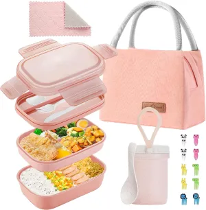 Bento Box Adults Lunch Box for Kids Adults Men Women Boys Girls School, Leak-proof Lunch Containers with Lunch Bag, Cup, Spoon, Forks, Dishcloth