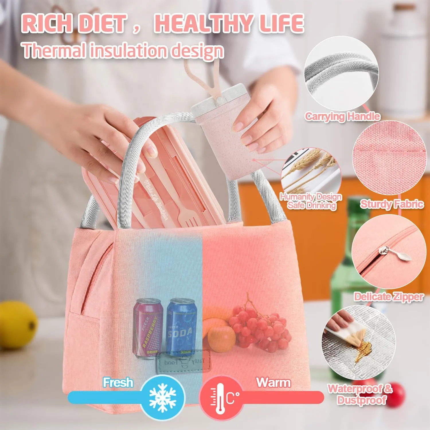 Bento Lunch Box for Kids, Lunch Box Leak-proof for Girls Boys Adults Teens School, Lunch Containers Durable with Lunch Bag, Cup, Spoon, Forks, Dishcloth (Pink Set)