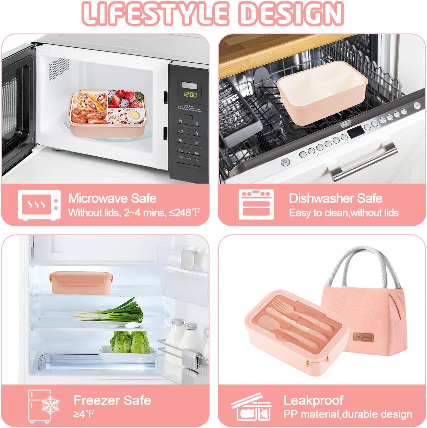 Bento Lunch Box for Kids, Lunch Box Leak-proof for Girls Boys Adults Teens School, Lunch Containers Durable with Lunch Bag, Cup, Spoon, Forks, Dishcloth (Pink Set)