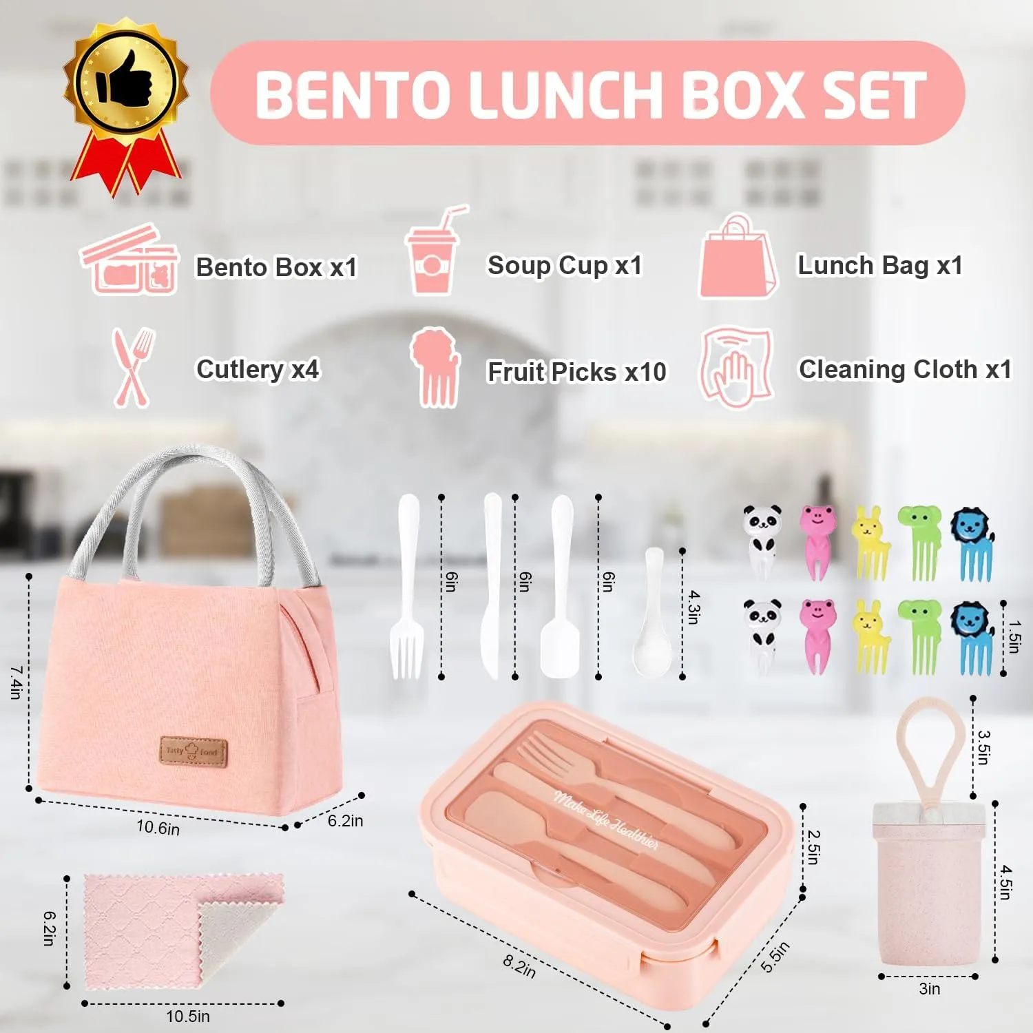Bento Lunch Box for Kids, Lunch Box Leak-proof for Girls Boys Adults Teens School, Lunch Containers Durable with Lunch Bag, Cup, Spoon, Forks, Dishcloth (Pink Set)