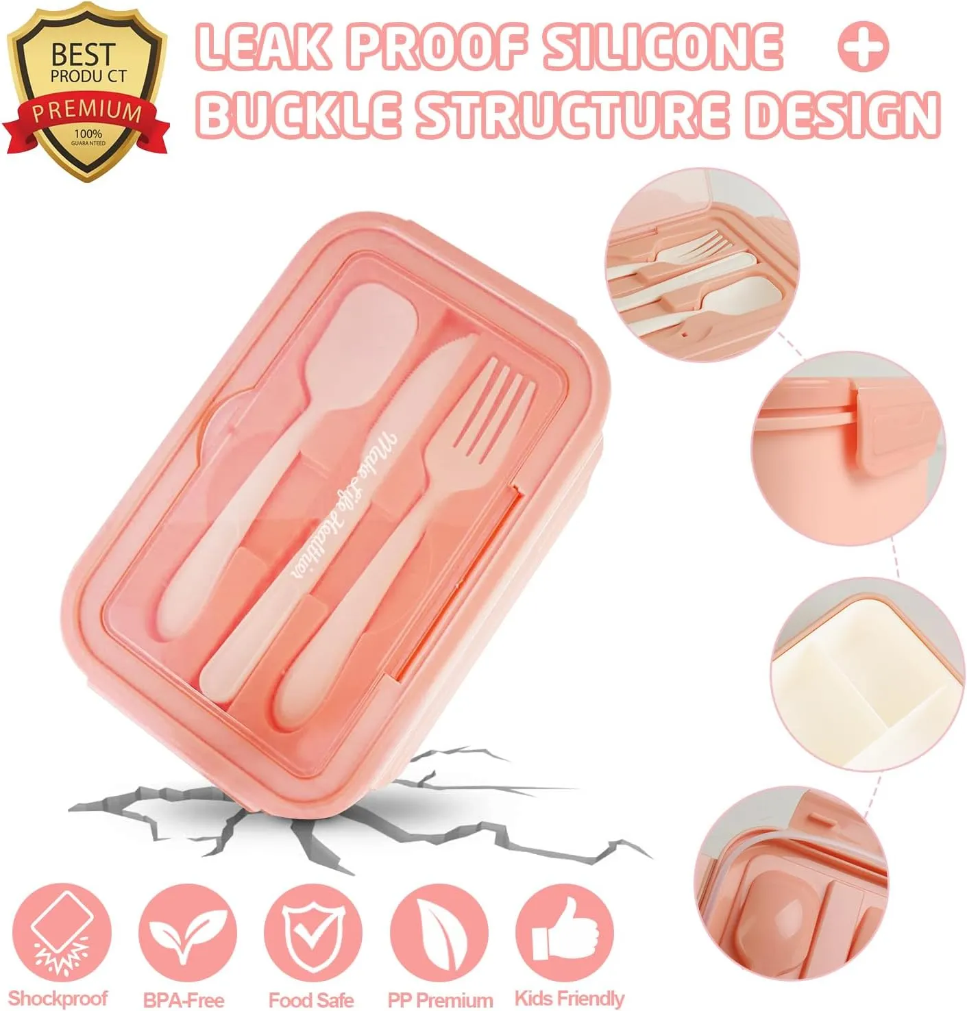 Bento Lunch Box for Kids, Lunch Box Leak-proof for Girls Boys Adults Teens School, Lunch Containers Durable with Lunch Bag, Cup, Spoon, Forks, Dishcloth (Pink Set)