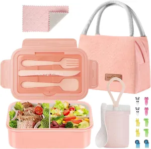 Bento Lunch Box for Kids, Lunch Box Leak-proof for Girls Boys Adults Teens School, Lunch Containers Durable with Lunch Bag, Cup, Spoon, Forks, Dishcloth (Pink Set)