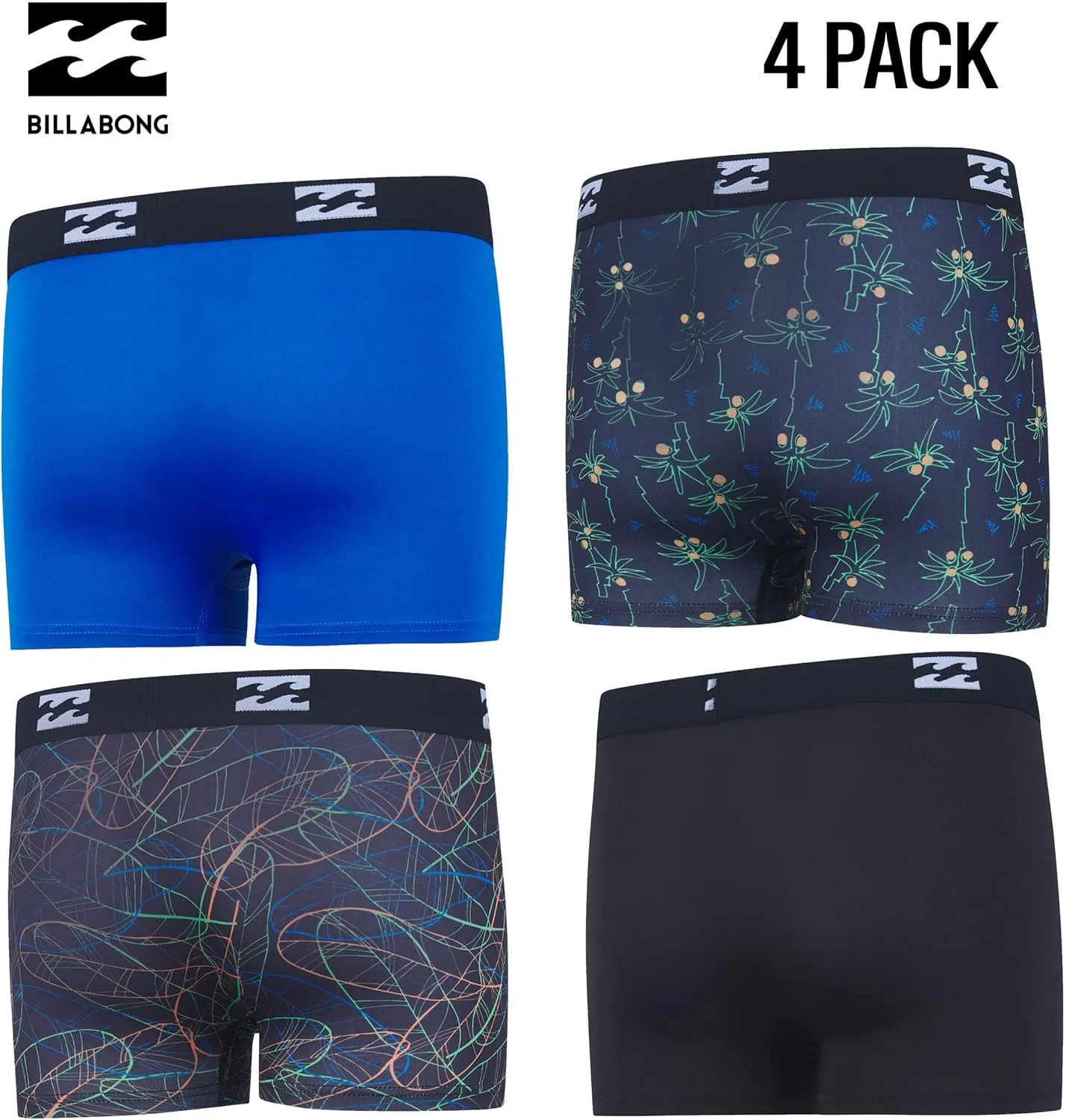 Billabong Boys Underwear 4 Pack Boxer Briefs for Boys 6-18 Durable Stretch Breathable Moisture Wicking
