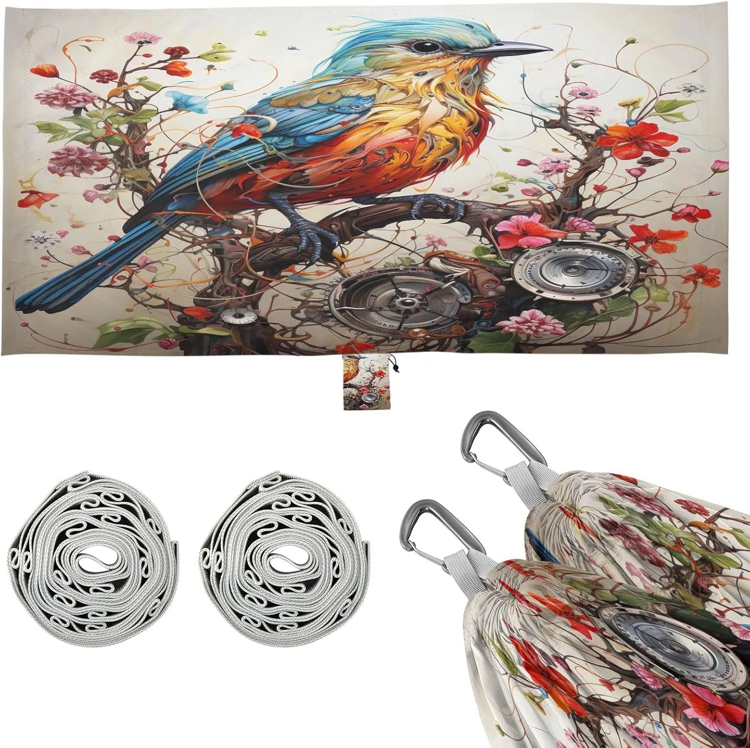 Bird Portrait Art Camping Hammock, 330 lbs with 2 Tree Straps, Carry Bag, Single Portable Hammock for Outdoor/Indoor, Hiking, Beach, Backpacking, Travel