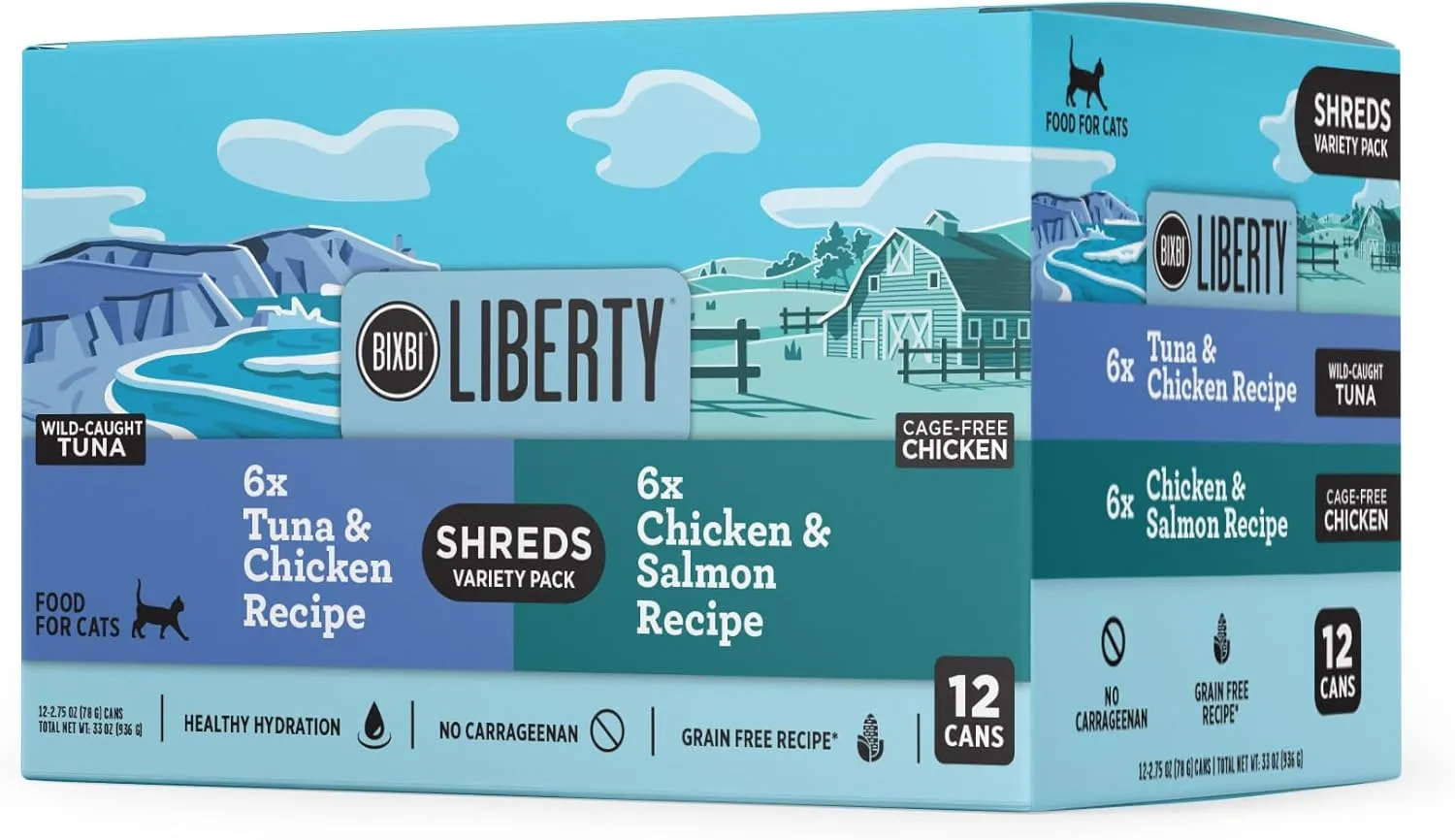 BIXBI Liberty Wet Cat Food Shreds Variety Pack Featuring Chicken/Salmon Recipe & Tuna/Chicken Recipe – (2.75 Ounce Cans, Case of 12)