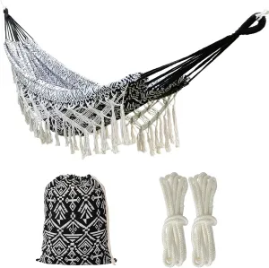 Black Boho Hammock with Tassels - Outdoor Hammock for Kids, Girls & Women - Garden & Yard Decor