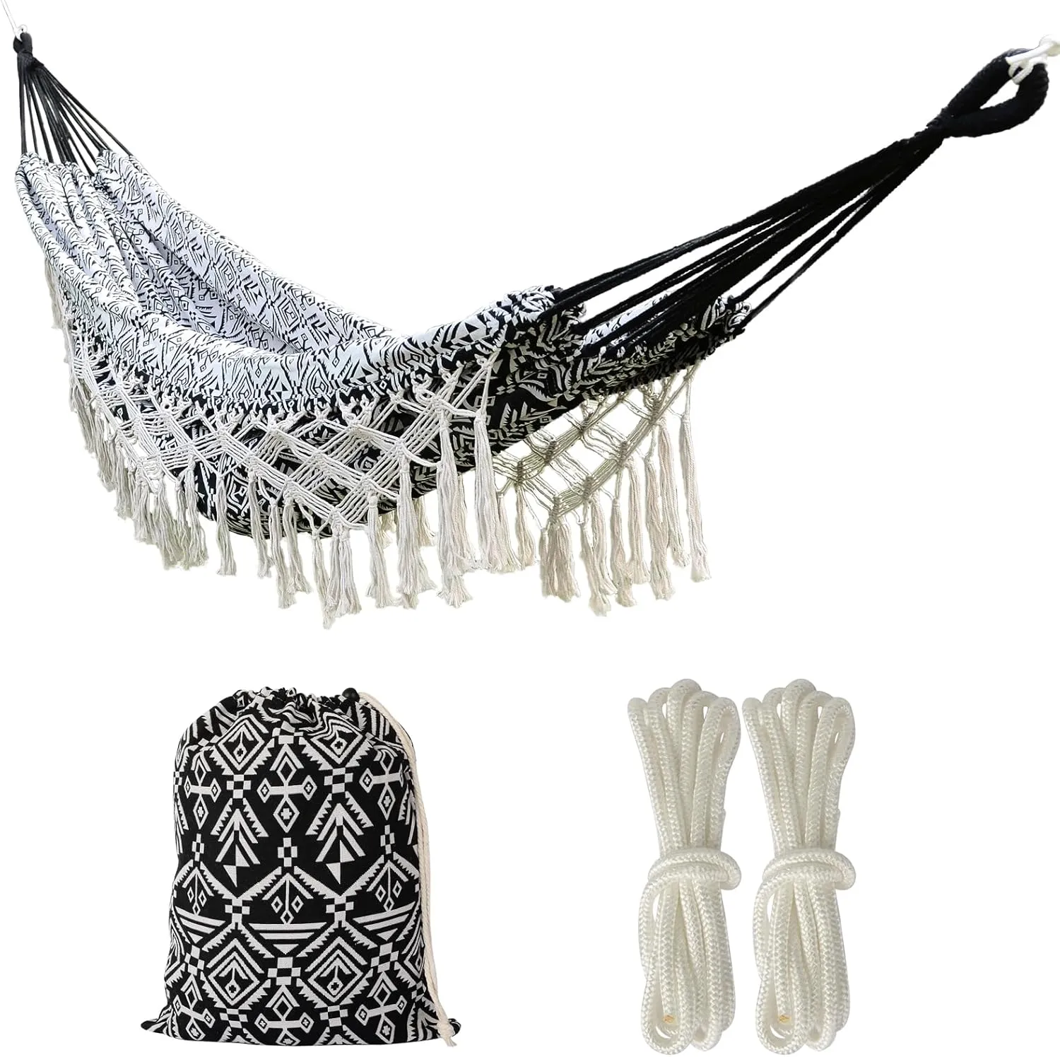 Black Boho Hammock with Tassels - Outdoor Hammock for Kids, Girls & Women - Garden & Yard Decor
