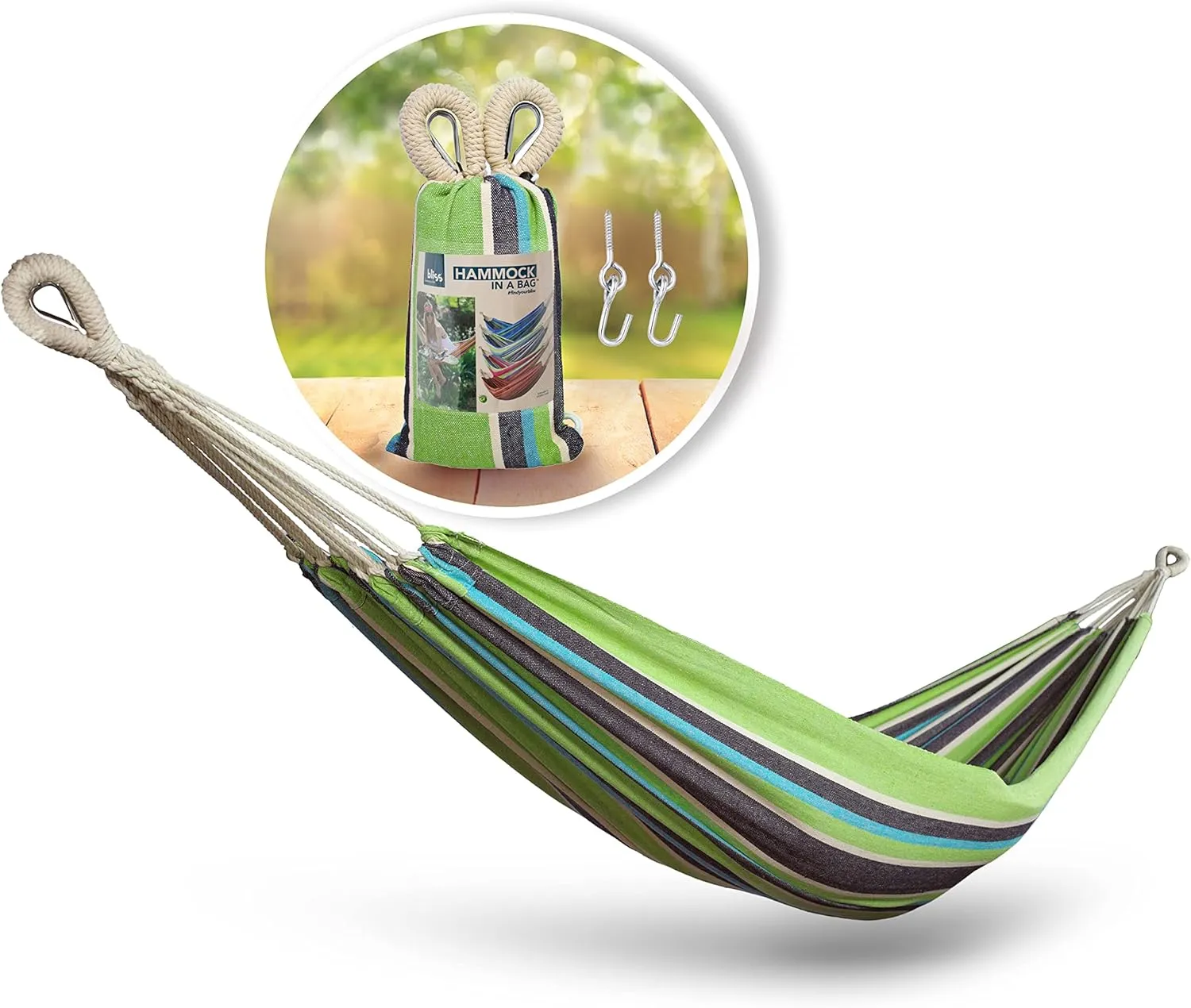 Bliss Hammocks BH-400-CC 40" Wide Hammock w/Hand-Woven Rope Loops & Hanging Hardware, Outdoor, Patio, Backyard Durable, Cotton and Polyester Blend, 220 Lbs Capacity, Country Club