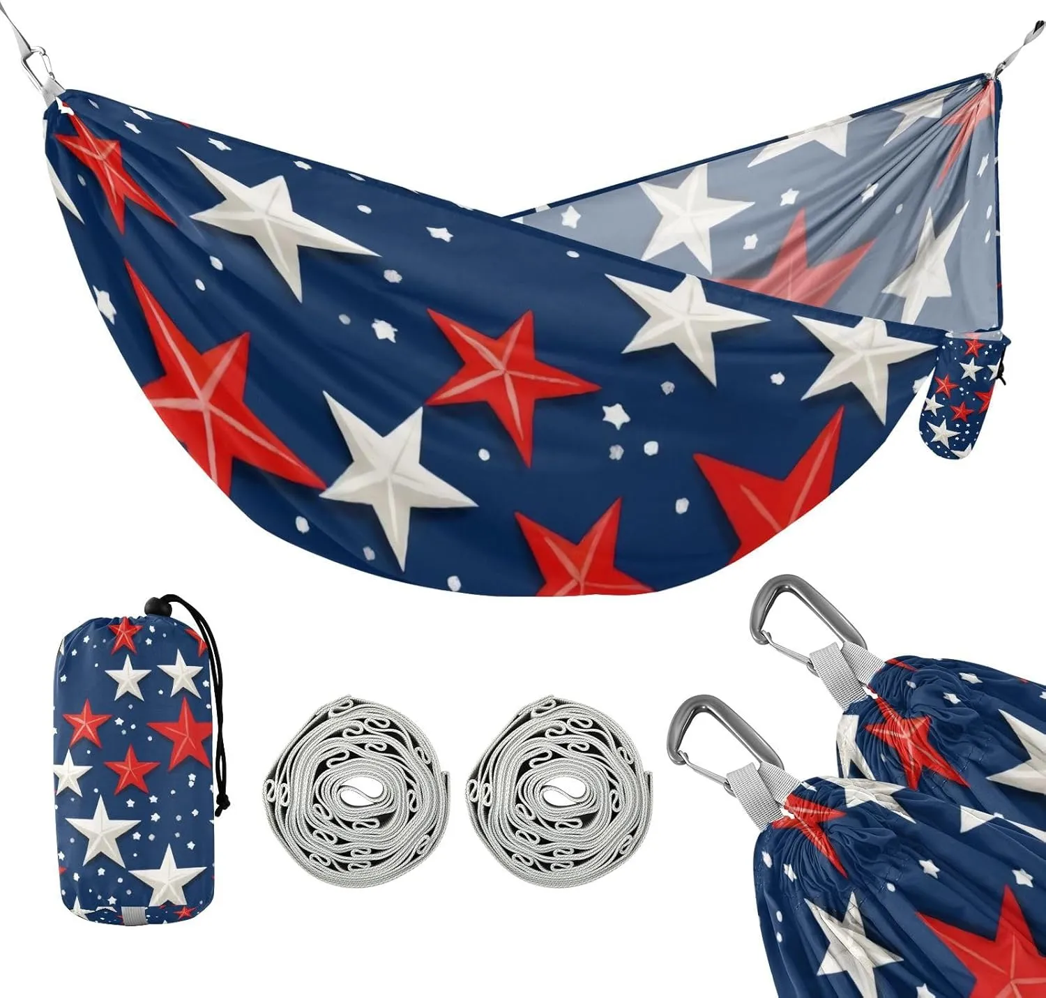 Blue Stars 4th of July Independence Day 330lb Capacity Outdoor Hammock Hanging Hammock for Outside Patio Backyard Poolside hamacas para adultos con soporte
