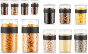 Bodum Presso Storage Container Jars for Food, Pasta, Cereal, Flour, Coffee, Snacks, and More, BPA-Free Plastic w/Airtight Silicone Seal, 12pc Set - Black