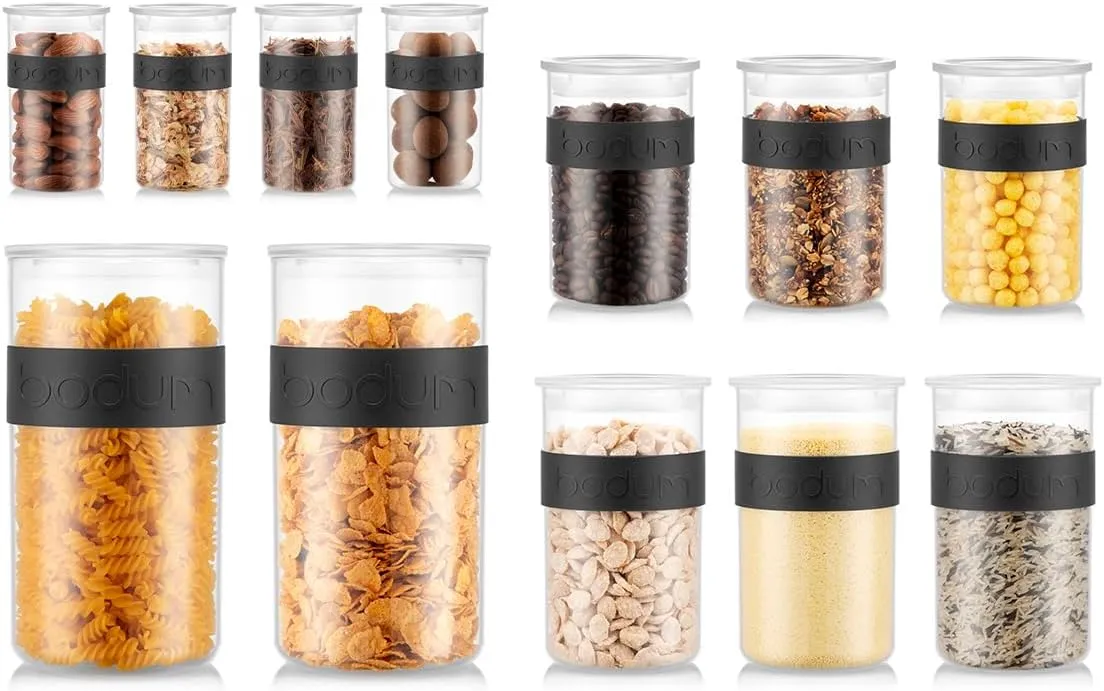 Bodum Presso Storage Container Jars for Food, Pasta, Cereal, Flour, Coffee, Snacks, and More, BPA-Free Plastic w/Airtight Silicone Seal, 12pc Set - Black