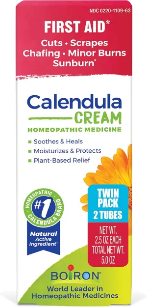 Boiron Calendula Cream for Relief from Rashes, Skin Irritations, Razor Burn, Insect Bites, or Sunburns - Non-Greasy and Fragrance-Free - 5 oz (2 Pack of 2.5 oz)
