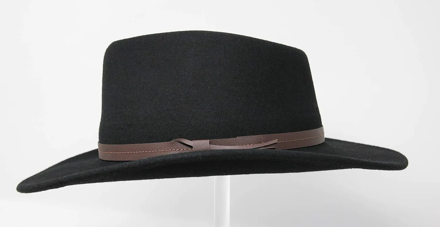 Borges & Scott Hardy - Lightweight Wide Brim Fedora - Leather Band - 100% Wool Felt - Crushable for Travel - Water Resistant