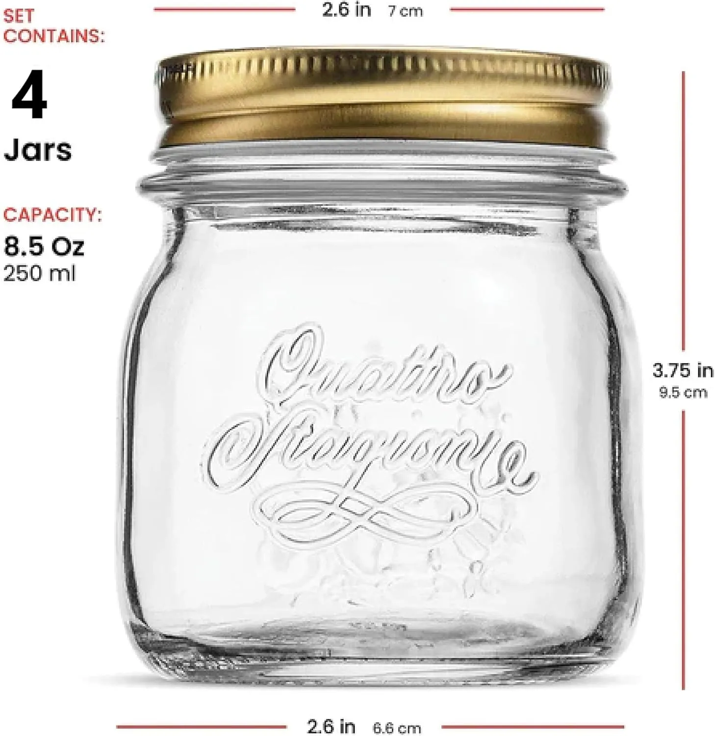 Bormioli Rocco Quattro Stagioni set of 4 Clear Airtight Mason Jars, 8.5 Oz. Made from BPA Free Durable Glass, Made In Italy.