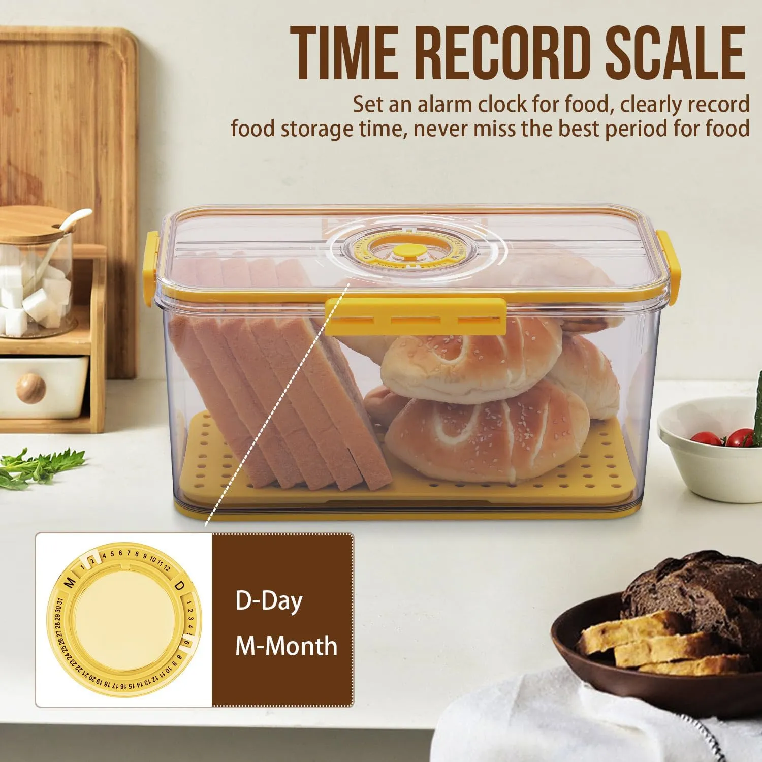 Bread Box Airtight Bread Boxes for Kitchen Counter, Time Recording Bread Storage Container with Lid, Bread Holder for Homemade Bread, Toast, Bagel, Donut and Cookies, Yellow