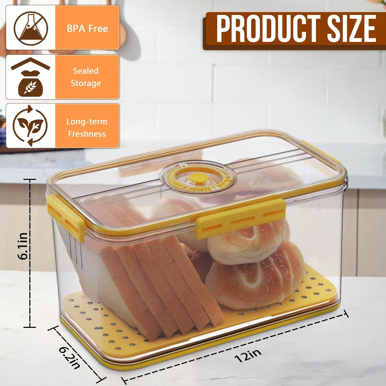 Bread Box Airtight Bread Boxes for Kitchen Counter, Time Recording Bread Storage Container with Lid, Bread Holder for Homemade Bread, Toast, Bagel, Donut and Cookies, Yellow
