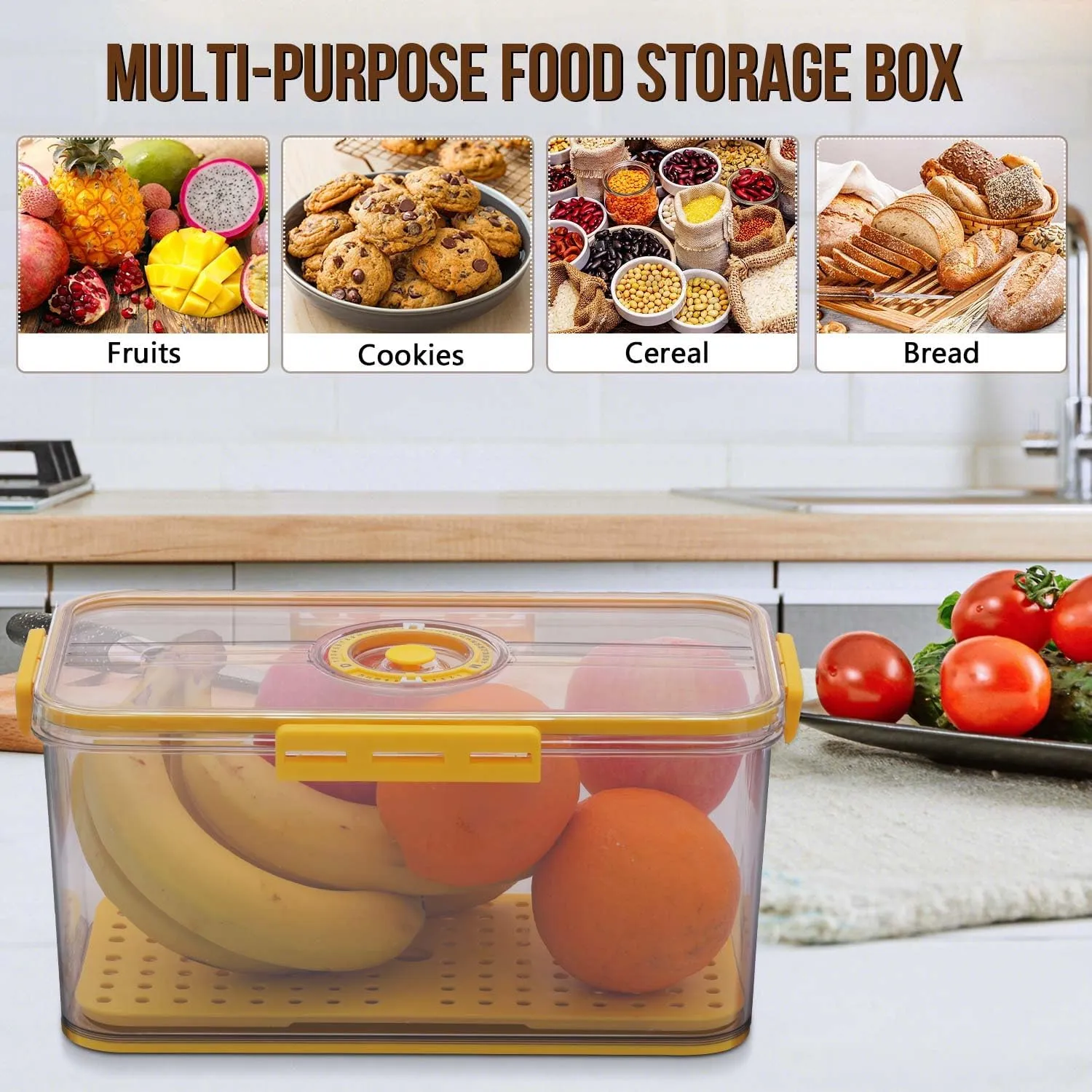 Bread Box Airtight Bread Boxes for Kitchen Counter, Time Recording Bread Storage Container with Lid, Bread Holder for Homemade Bread, Toast, Bagel, Donut and Cookies, Yellow