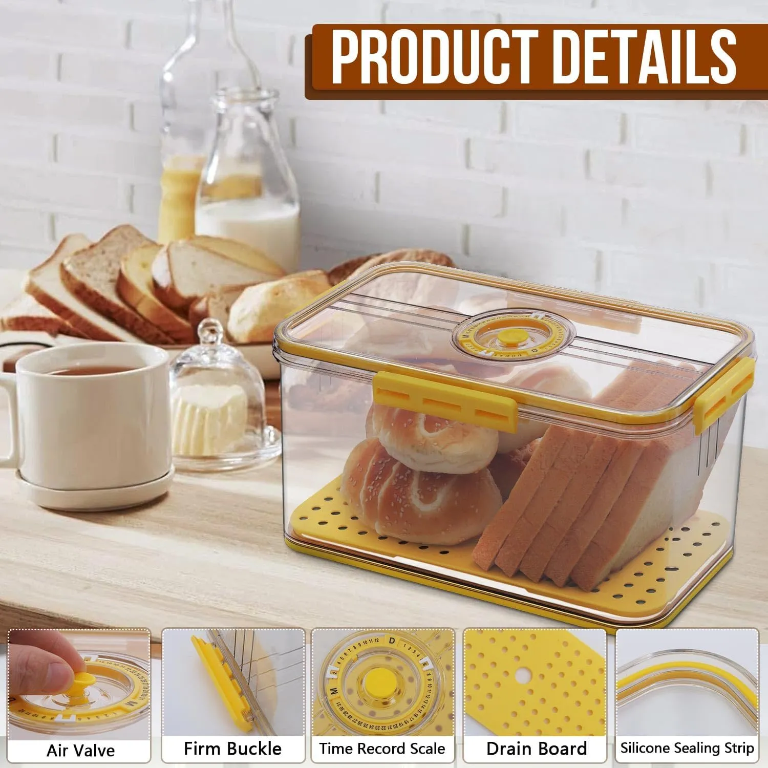 Bread Box Airtight Bread Boxes for Kitchen Counter, Time Recording Bread Storage Container with Lid, Bread Holder for Homemade Bread, Toast, Bagel, Donut and Cookies, Yellow