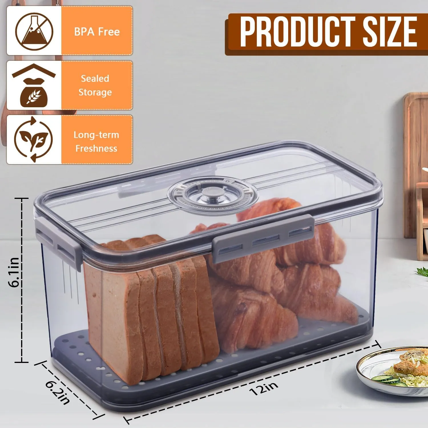 Bread Box Bread Boxes for Kitchen Counter Airtight, Time Recording Bread Storage Container with Lid, Bread Keeper for Homemade Bread, Toast, Bagel, Donut and Cookies, Grey