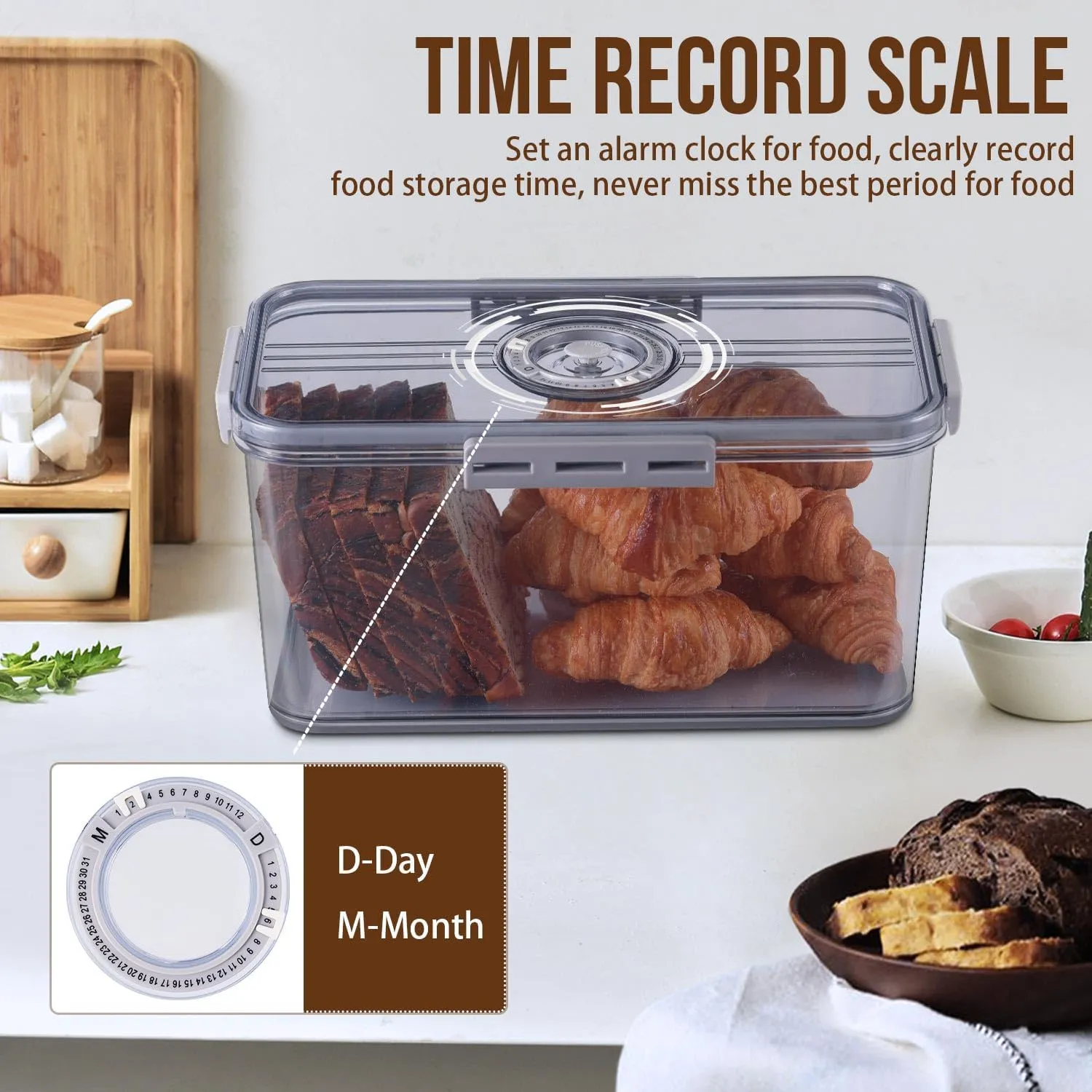 Bread Box Bread Boxes for Kitchen Counter Airtight, Time Recording Bread Storage Container with Lid, Bread Keeper for Homemade Bread, Toast, Bagel, Donut and Cookies, Grey