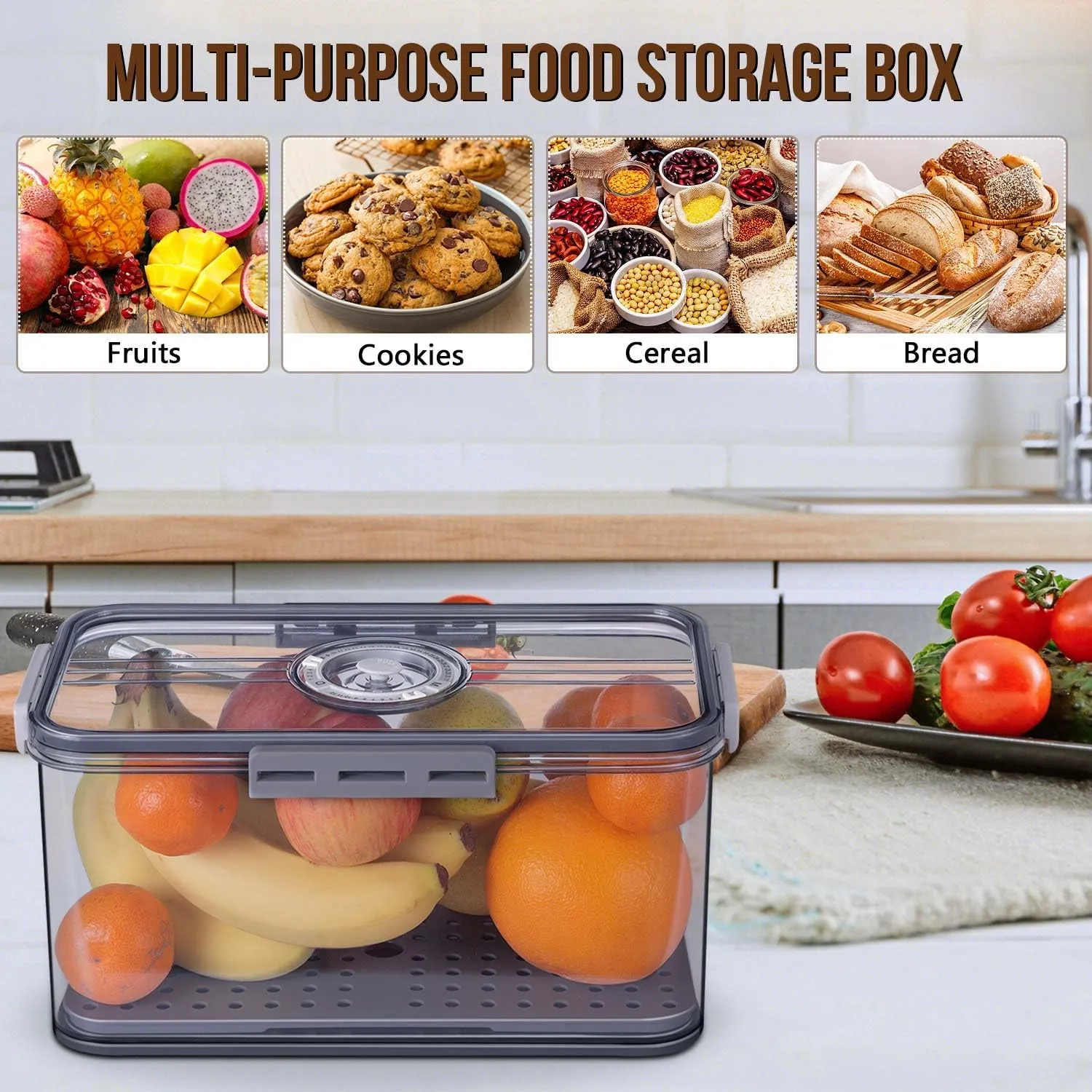 Bread Box Bread Boxes for Kitchen Counter Airtight, Time Recording Bread Storage Container with Lid, Bread Keeper for Homemade Bread, Toast, Bagel, Donut and Cookies, Grey