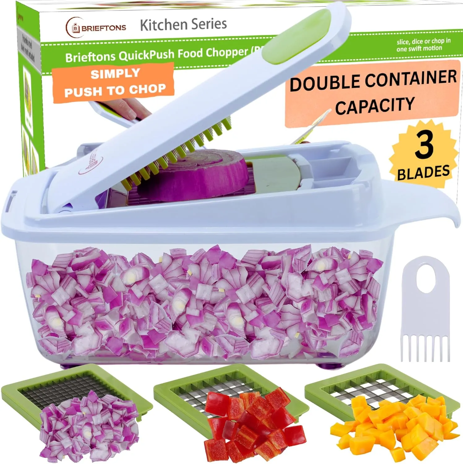 Brieftons QuickPush Food Chopper: Strongest & 200% More Container Capacity, 30% Heavier Duty, Fruit & Vegetable Chopper, Onion Chopper Vegetable Cutter, with 3 Dicer Blades & Keep-Fresh Lid, 5 Ebooks
