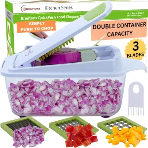 Brieftons QuickPush Food Chopper: Strongest & 200% More Container Capacity, 30% Heavier Duty, Fruit & Vegetable Chopper, Onion Chopper Vegetable Cutter, with 3 Dicer Blades & Keep-Fresh Lid, 5 Ebooks