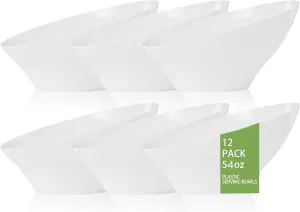 bUCLA 12 Pack White Plastic Serving Bowls - 54 OZ Angled Table Salad and Fruit Bowls Disposable for Chip&Candy - Ideal for Party & Wedding