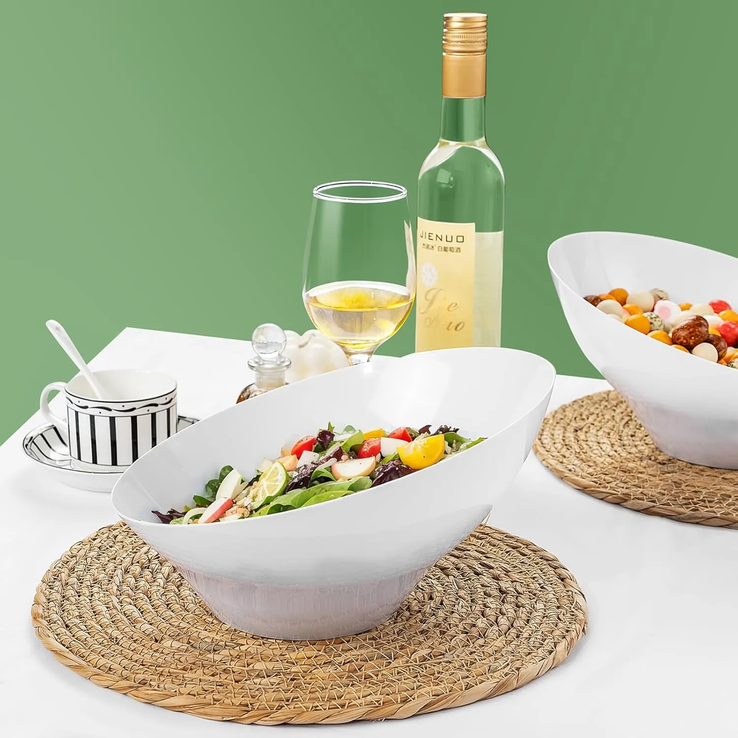 bUCLA 12 Pack White Plastic Serving Bowls - 54 OZ Angled Table Salad and Fruit Bowls Disposable for Chip&Candy - Ideal for Party & Wedding
