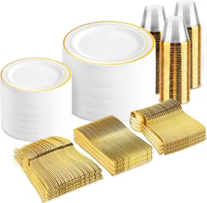 bUCLA 600Pcs Gold Dinnerware Set for 100 Guests - White and Gold Plastic Plates Disposable for party Include 100 Dinner&100 Dessert Plates,100 Cups,100 Forks,100 Spoons,100 Knives