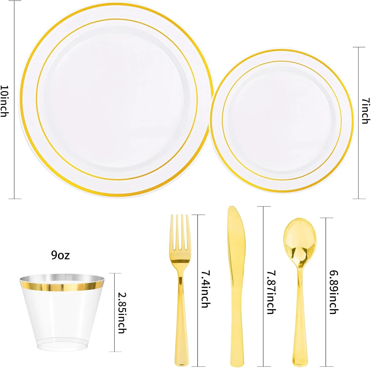 bUCLA 600Pcs Gold Dinnerware Set for 100 Guests - White and Gold Plastic Plates Disposable for party Include 100 Dinner&100 Dessert Plates,100 Cups,100 Forks,100 Spoons,100 Knives