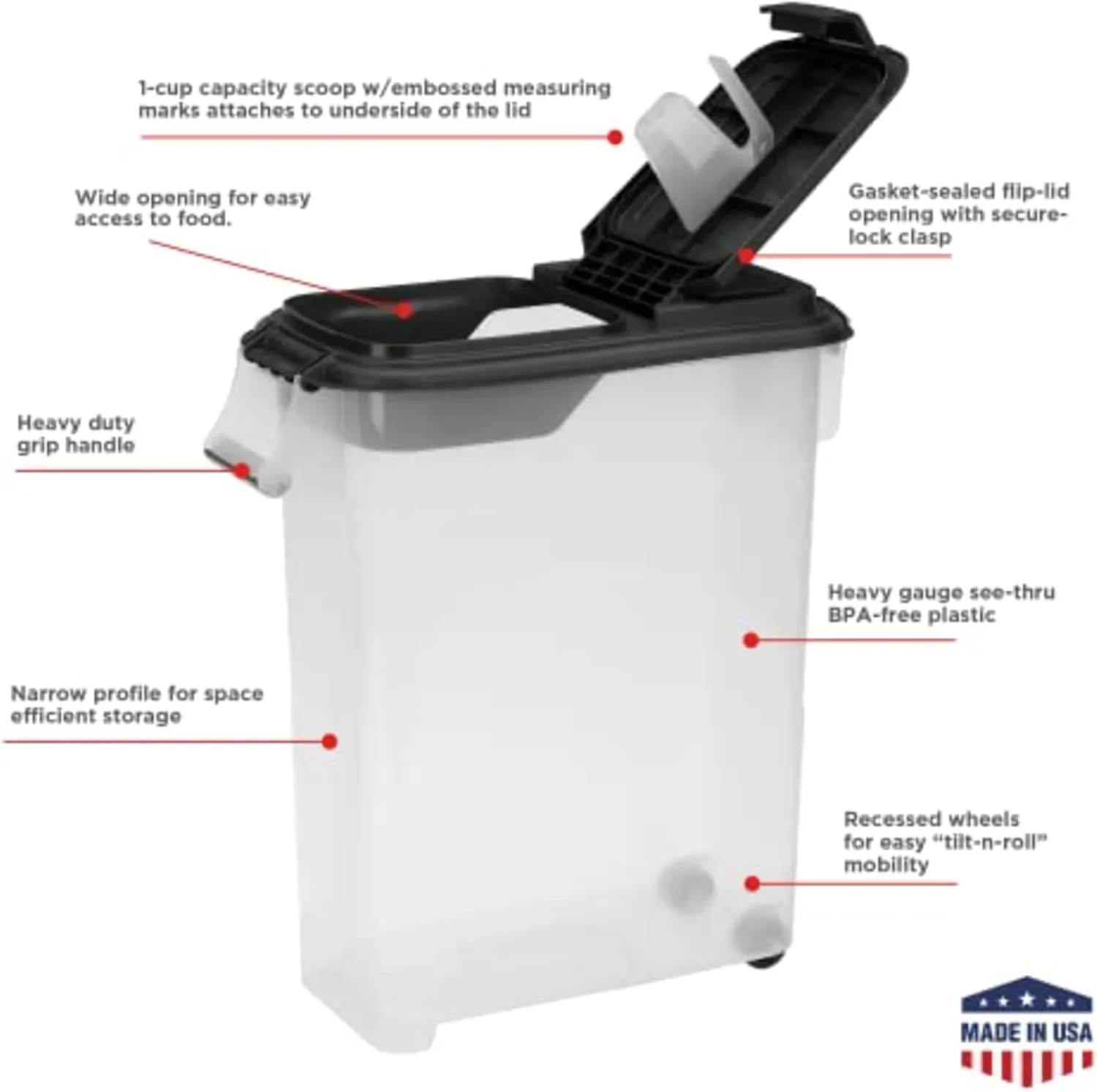 Buddeez Airtight Pet Food Storage Container - 50 QT/50 LB Capacity Dog Food Storage Container, Cat Food Container, Bird Seed Storage Container, Rolling Storage Bin, Air Tight with Handle & Scoop