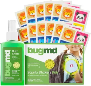BugMD Buzz Shield - Mosquito and Insect Repellent Spray (1-Pack) and Squito Stickers Mosquito Repellent Patch Stickers for Kids (78 Stickers) Bundle