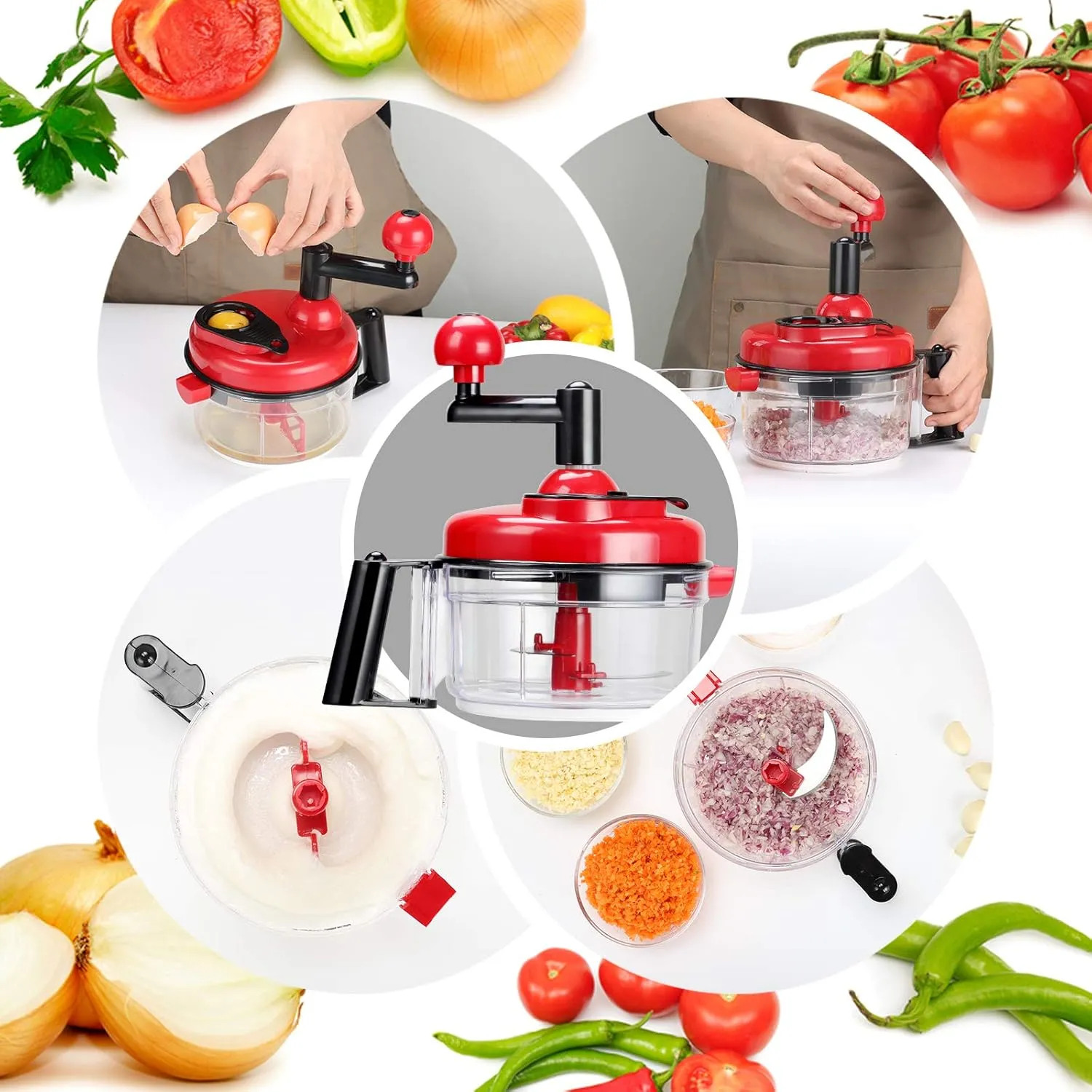 Cambom Manual Food Chopper Vegetable Chopper Hand Food Processor, Mixer, Blender, Whipper, Egg White Separator, Mincer, Grinder, Dicer with Clear Container 1200ml BPA Free Strong