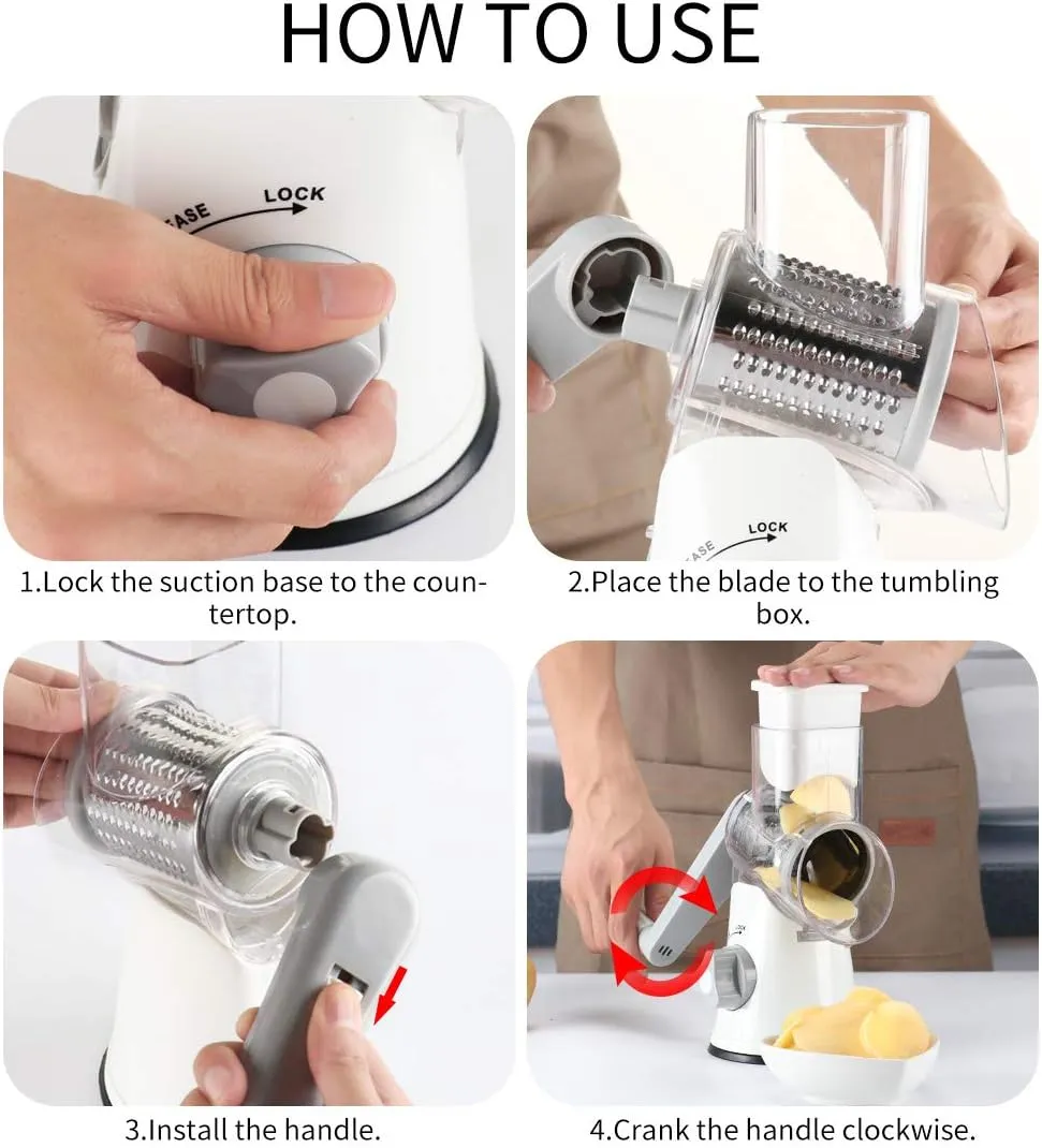 Cambom Rotary Cheese Grater Hand Crank Cheese Shredder for Fresh Cheese, Vegetable, Nuts,Non-slip Suction Base, Free Cleaning Brush Three Blades, White