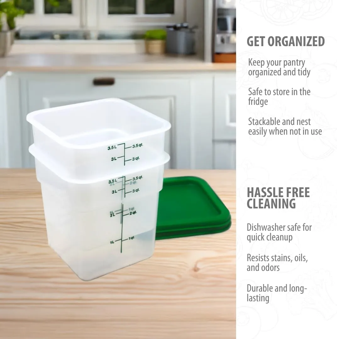 Cambro Food Storage Container with Lid (BPA-Free) - 2 Pack - Classic Series Square with Green Lid - 4 QT (Quart) - Commercial Grade for Food Prep (Translucent)