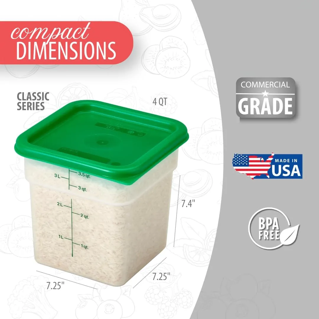 Cambro Food Storage Container with Lid (BPA-Free) - 2 Pack - Classic Series Square with Green Lid - 4 QT (Quart) - Commercial Grade for Food Prep (Translucent)