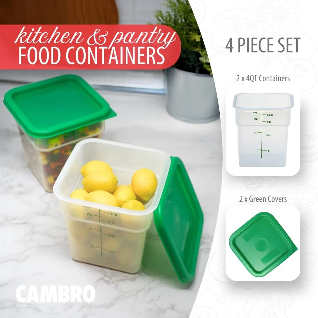 Cambro Food Storage Container with Lid (BPA-Free) - 2 Pack - Classic Series Square with Green Lid - 4 QT (Quart) - Commercial Grade for Food Prep (Translucent)