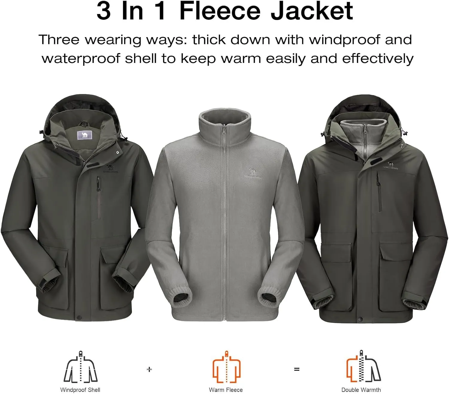 CAMEL CROWN Men's Ski Jacket 3 in 1 Waterproof Winter Jacket Snow Jacket Windproof Hooded with Inner Warm Fleece Coat