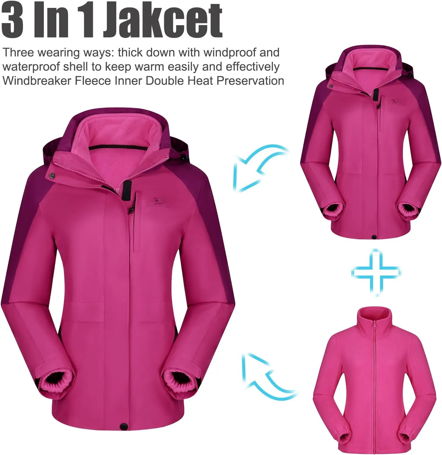 CAMEL CROWN Women Ski Jacket Waterproof 3 in 1 Winter Snow Mountain Coat Warm Fleece Windbreaker Hooded Snowboarding Jackets