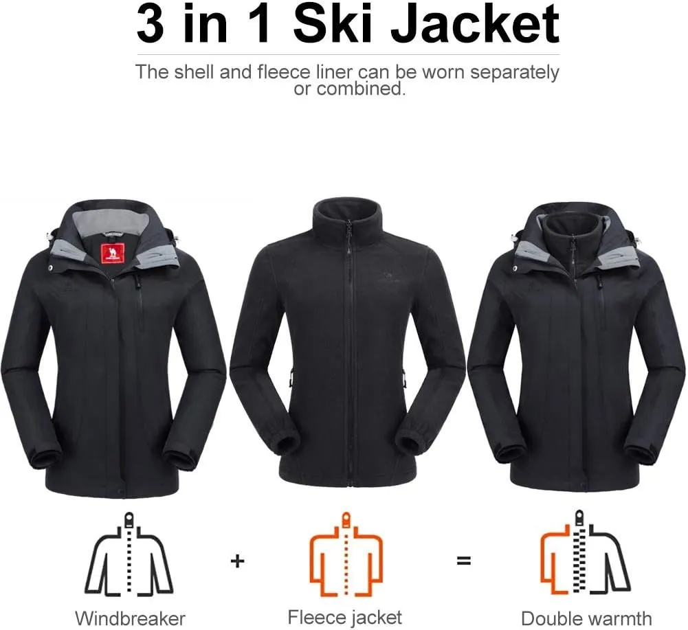 CAMEL CROWN Women's Ski Jacket Waterproof 3 in 1 Winter Jacket Windproof Warm Fleece Hooded Snowboard Mountain Snow Coat