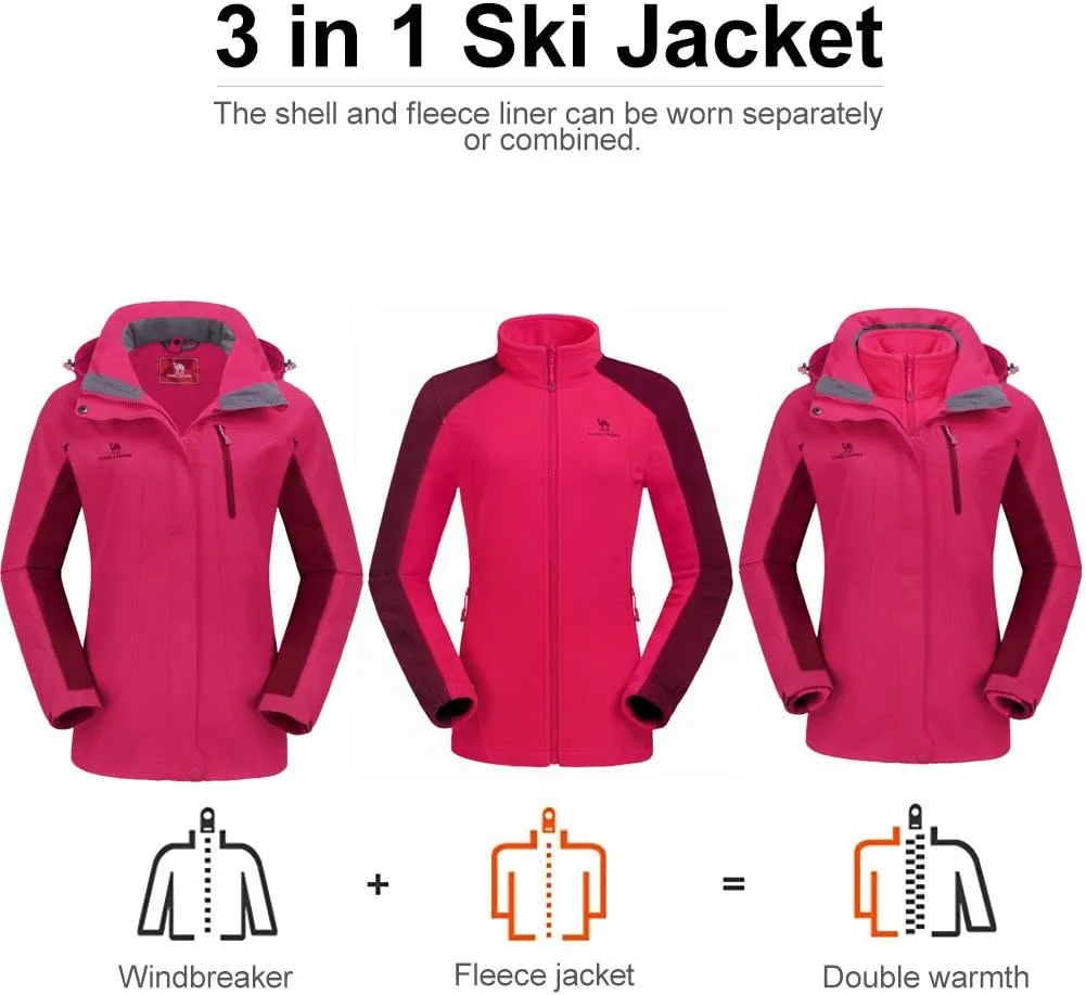CAMEL CROWN Women's Ski Jacket Waterproof 3 in 1 Winter Jacket Windproof Warm Fleece Hooded Snowboard Mountain Snow Coat