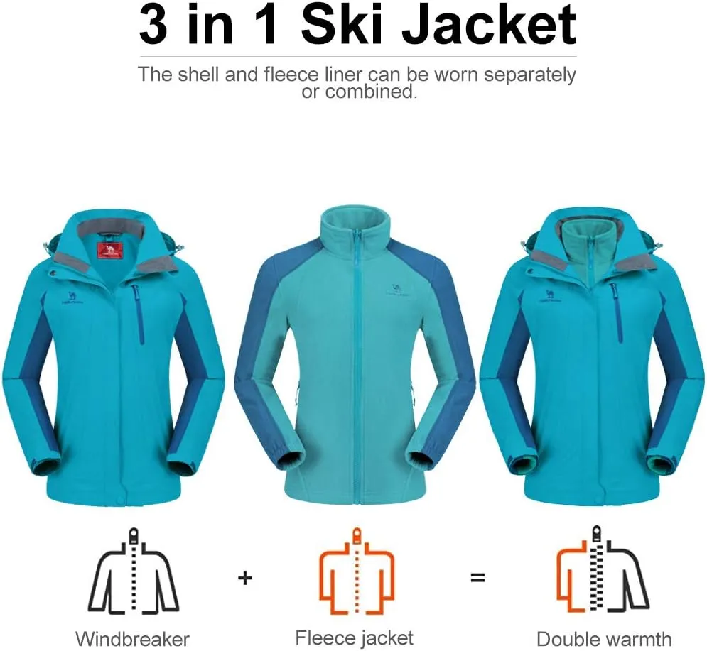 CAMEL CROWN Women's Ski Jacket Waterproof 3 in 1 Winter Jacket Windproof Warm Fleece Hooded Snowboard Mountain Snow Coat