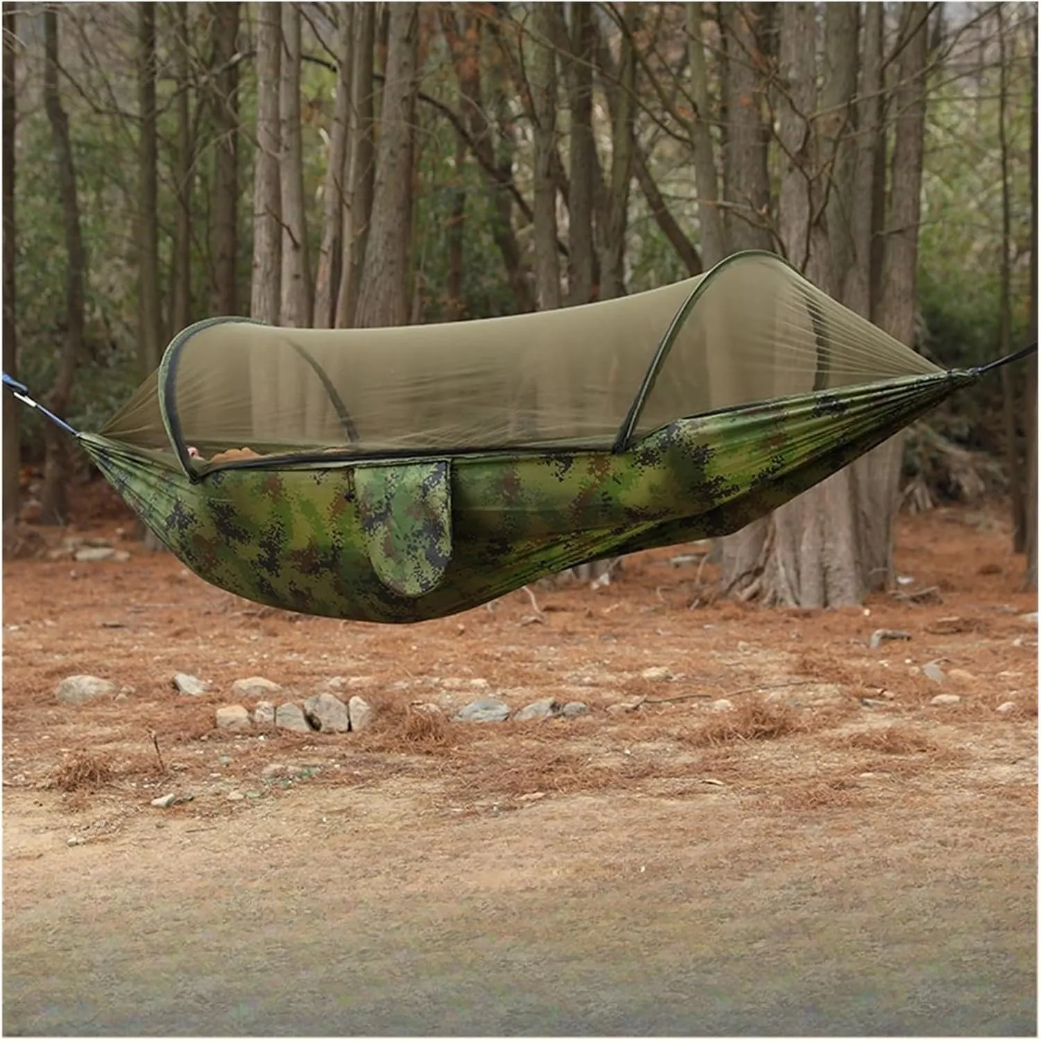 Camping Hammock and Portable Travel Outdoor Hanging Sleeping Hammock with Mosquito Net Single and Double Size Nylon Fabric for Terrace, Outdoor(Green)