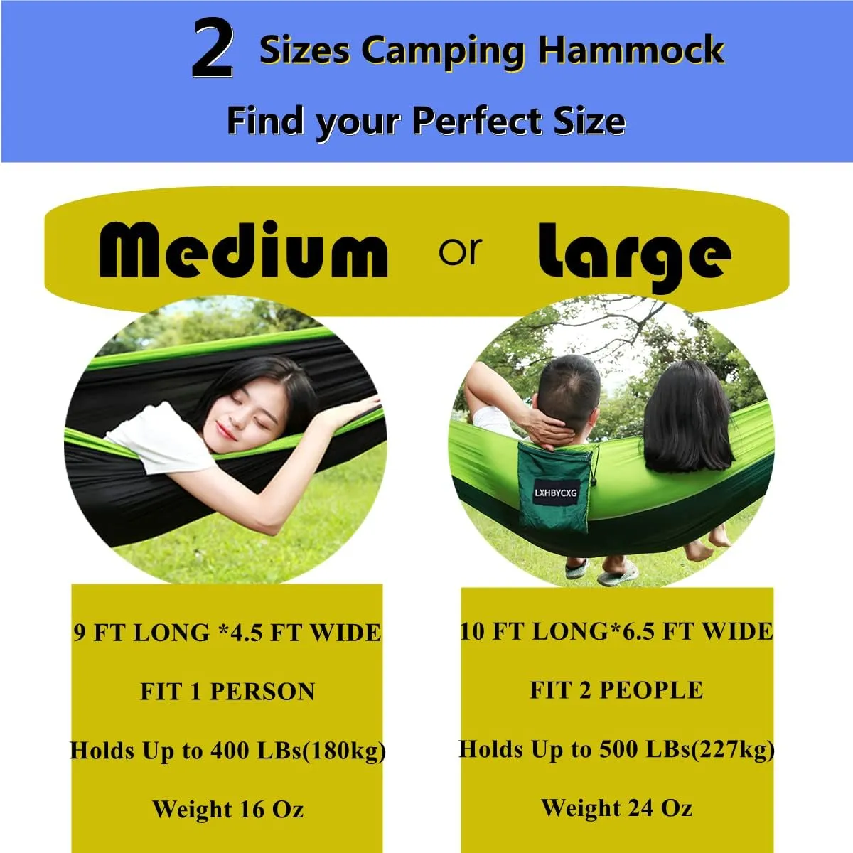 Camping Hammock Double & Single Portable Hammocks Ultralight Nylon Parachute Hammocks with 2 Tree Straps for Backpacking, Travel, Beach, Backyard, Camping, Hiking (Medium, Green Black)