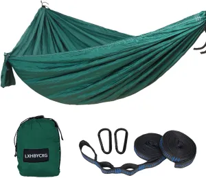 Camping Hammock Double & Single Portable Hammocks Ultralight Nylon Parachute Hammocks with 2 Tree Straps for Backpacking, Travel, Beach, Backyard, Camping, Hiking (Medium, Green Black)